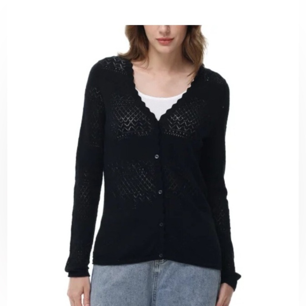 NWT Frye Women's Pointelle Long Sleeve Cotton Cardigan, Black, Large